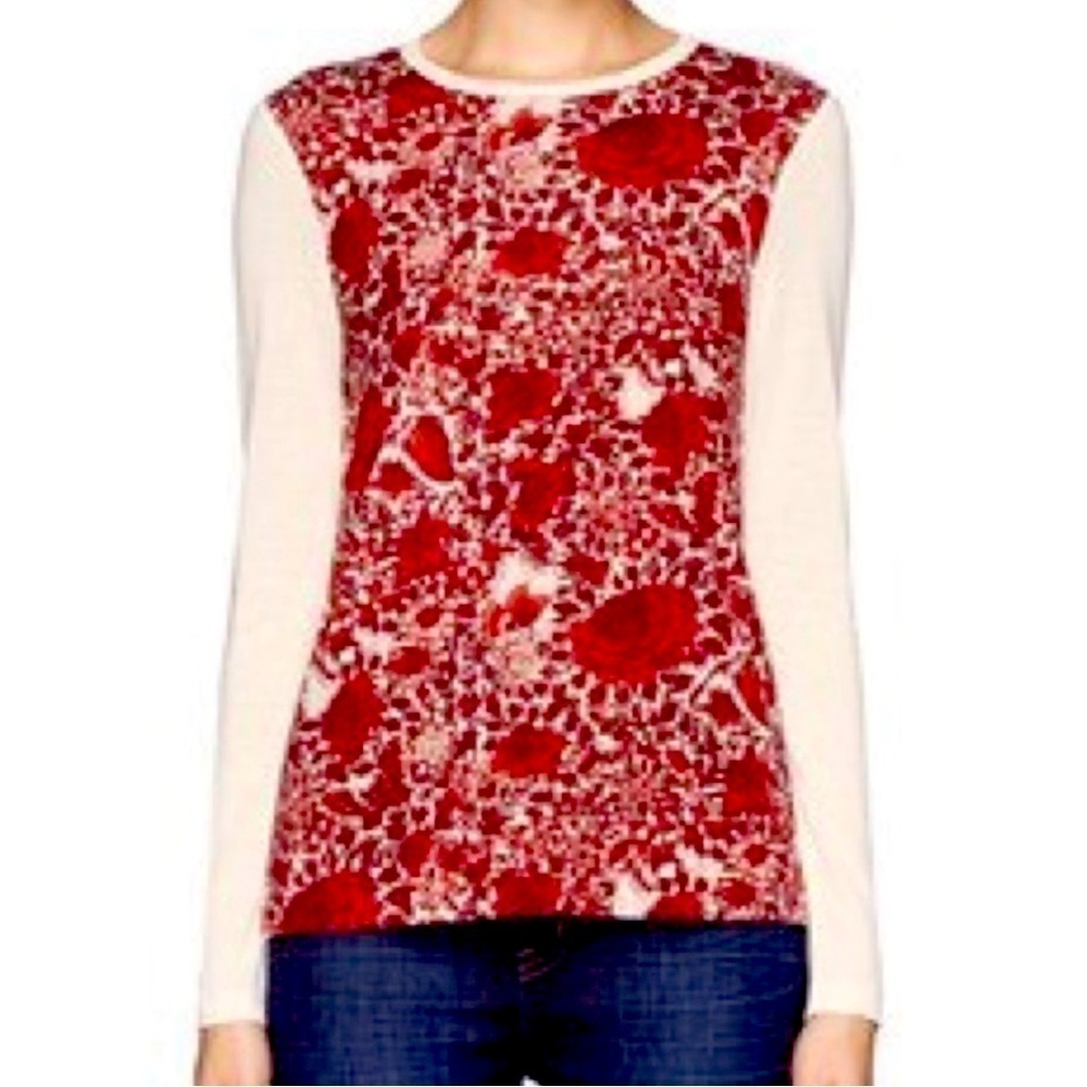 Tory Burch Roanan Kyoto Red Floral Butterfly Silk Wool Two Tone Top